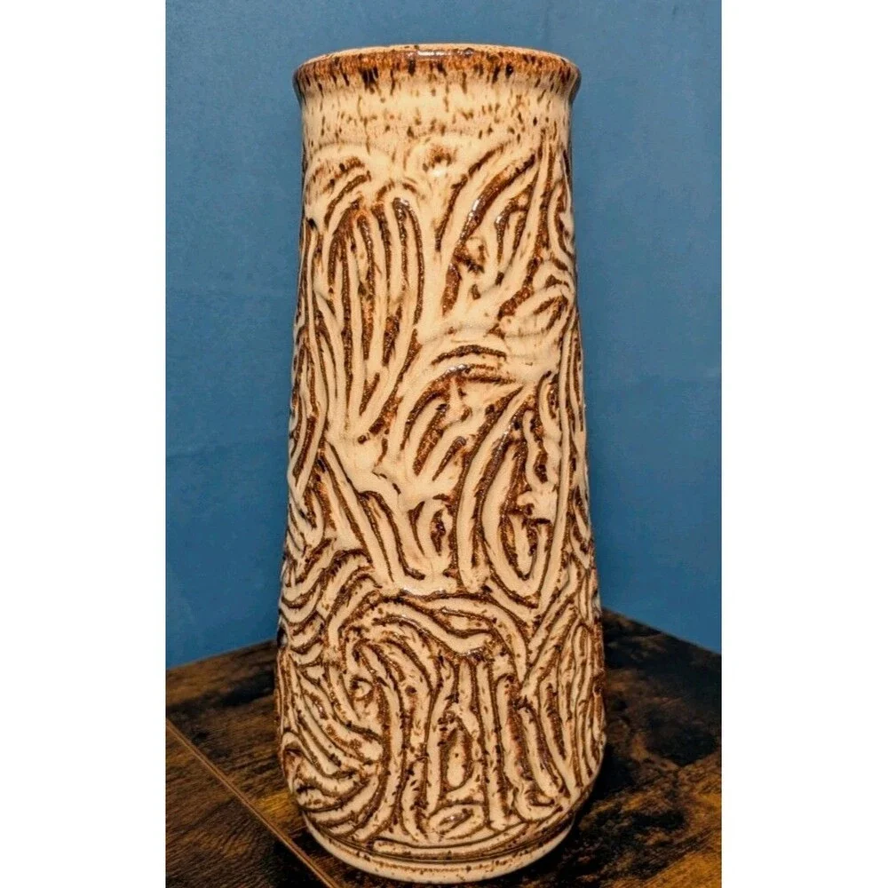 Vase Textured Etched Studio Pottery Stoneware Brown Cream Artist Stamped